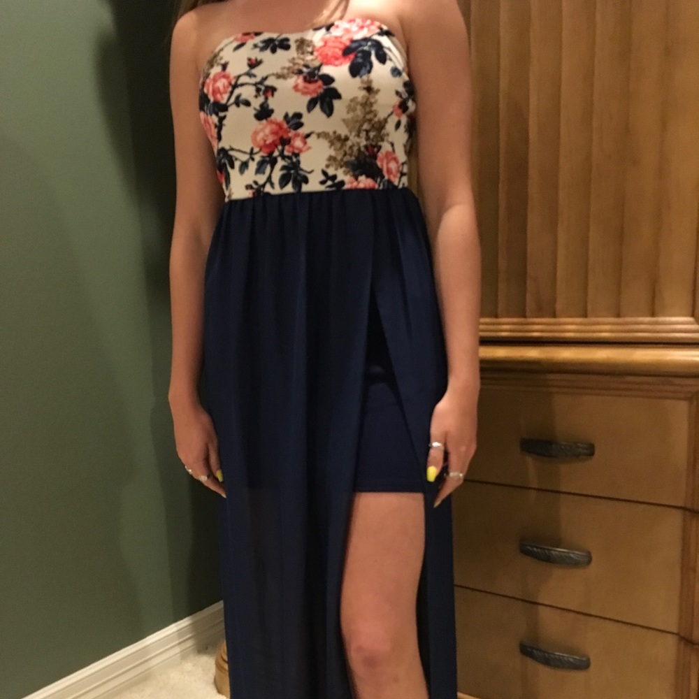 Strapless Floor Length Dress with Floral  Top